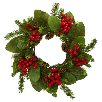 19" Magnolia Leaf, Berry and Pine Artificial Wreath