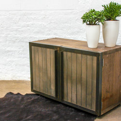 Louisa Reclaimed Scaffolding Board Media Unit with Slatted Wood and Steel Doors - Storage Cabinets