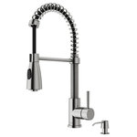 VIGO - VIGO Brant Pull-Down Spray Kitchen Faucet, Stainless Steel, With Soap Dispenser - VIGO elegantly combines form with function to create The Brant, a beautiful kitchen faucet that offers exceptional performance. With industrial-inspired design details, it features a pull-down hose and an industrial-inspired coil. VIGO's premium 7-layer hardware finish adds a smooth texture and undeniable brilliance to its solid brass construction. Engineered with a dual-action pull-down spray head, The Brant delivers an aerated flow of water or a powerful spray. Sleek in style and robust in design this multifunctional faucet showcases the quality craftsmanship that marks all VIGO products.