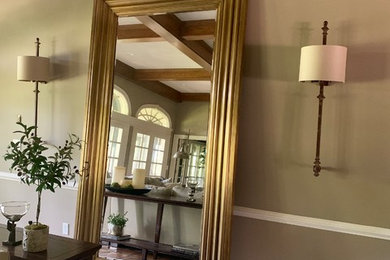 Large transitional terra-cotta tile living room photo in Kansas City with gray walls