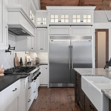 Modern Farmhouse Kitchen with Vaulted Wood-Beam Ceiling & Open-Concept Design