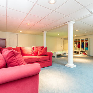 Design ideas for a medium sized traditional basement in Boston with beige walls and carpet.
