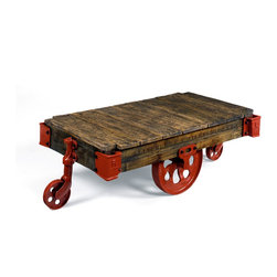 Wright Table Company - The No. 660 Cart Cocktail Table, Weathered Oak, Red & Black Hardware - Coffee Tables