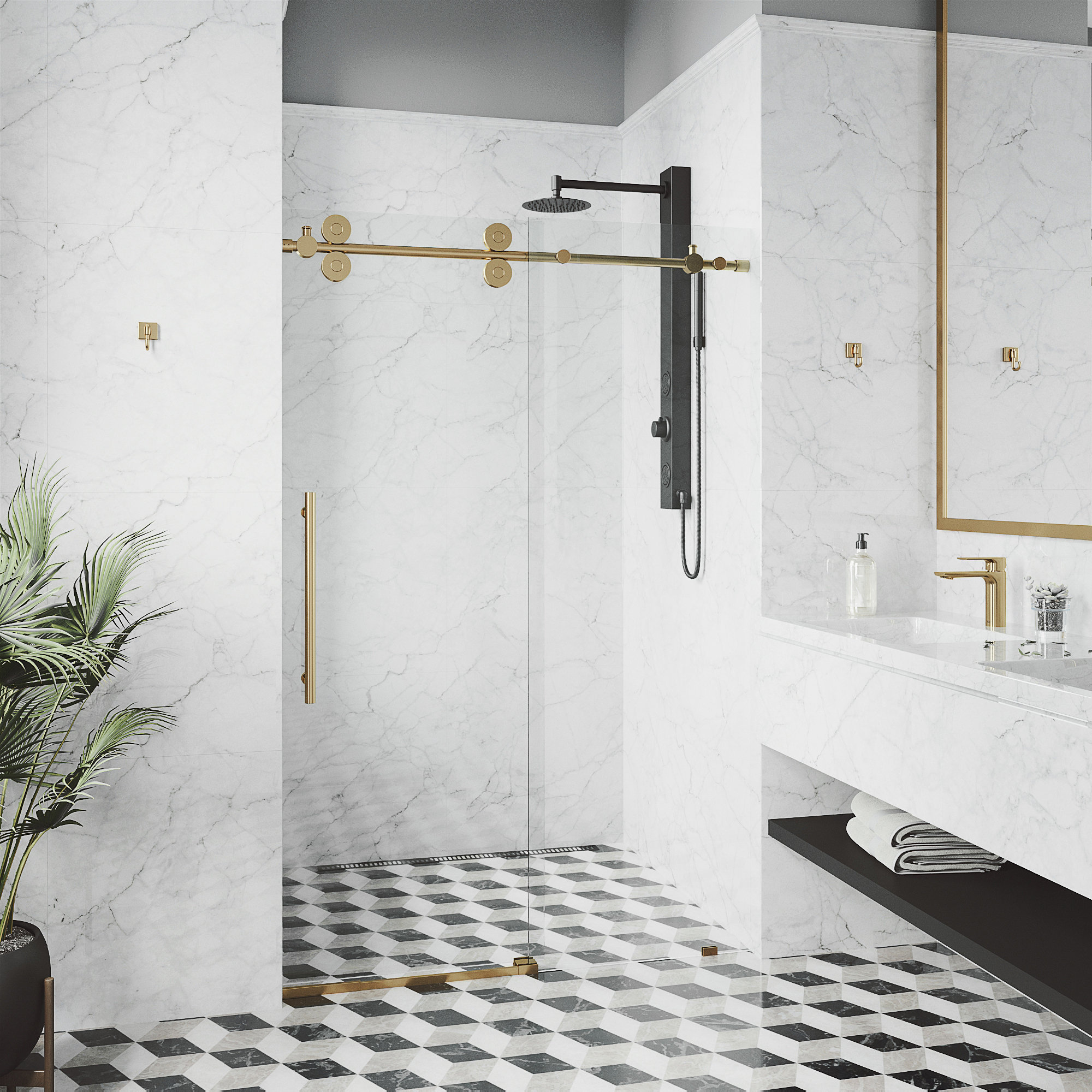 VIGO Elan 60" to 64" W x 74" H Frameless Sliding Shower Door, Matte Gold, Clear Glass