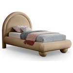 Meridian Furniture - Madrid Upholstered Bed, Beige, Twin, Velvet - Transform your bedroom with the bold and sophisticated charm of the Madrid beige velvet upholstered twin bed. Inspired by classic Art Deco design, this bed showcases a striking arched headboard and rounded edges for a unique, sculptural look. The luxurious velvet upholstery adds a layer of softness and warmth, making it a stunning centerpiece that combines artful design with everyday comfort.