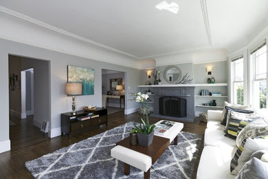 Large trendy formal and enclosed dark wood floor and brown floor living room photo in San Francisco with gray walls, no fireplace and no tv