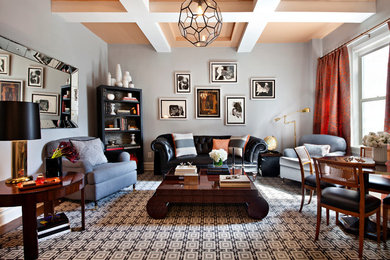 Trendy open concept living room library photo in New York