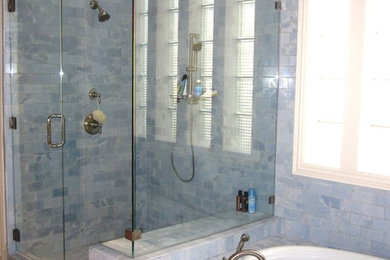 Mid-sized elegant master porcelain tile bathroom photo in Dallas with raised-panel cabinets, white cabinets and blue walls