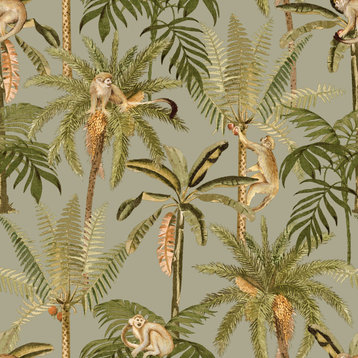 Monkey Climbing in the Trees Tropical Printed Wallpaper 57 Sq. Ft. , Sage, Double Roll
