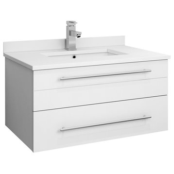 Lucera Wall Hung Bathroom Cabinet With Top & Undermount Sink, White, 30"