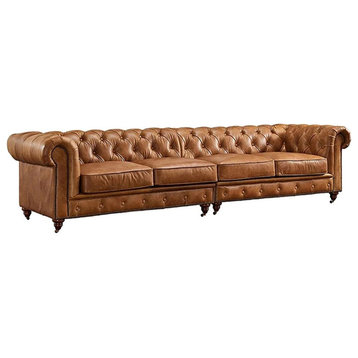 Crafters and Weavers Craftsman Mission 118" Leather Sofa in Light Chestnut
