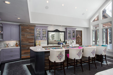 Example of a large eclectic l-shaped eat-in kitchen design in Salt Lake City with purple cabinets and two islands