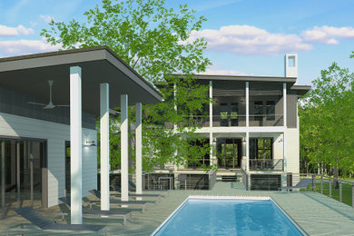 Diseño de fachada de casa gris y gris minimalista grande de tres plantas con revestimientos combinados, tejado de un solo tendido, tejado de metal y panel y listón