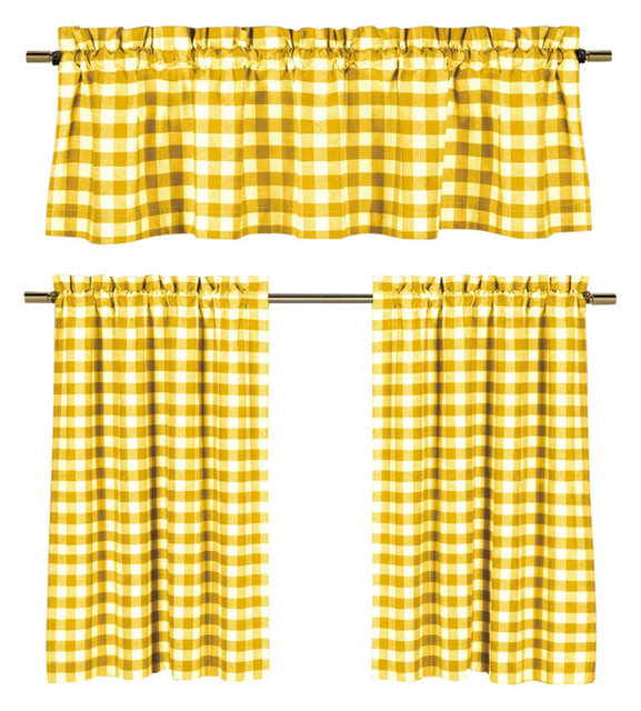 Lemon Yellow White Gingham Kitchen Curtain Set, 3 Piece Farmhouse