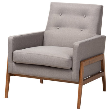 Ylvi Mid-Century Modern Gray Fabric Upholstered Walnut Wood Lounge Chair