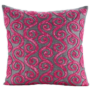 Pink Art Silk 16x16 Beaded Fuchsia Pink Scroll Pillows Cover, Pink Sugar Scroll