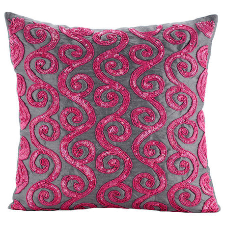 Pink Art Silk 24x24 Beaded Fuchsia Pink Scroll Pillow Shams, Pink Sugar Scroll