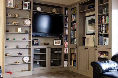 Inspiration for a mid-sized transitional open concept vinyl floor and multicolored floor living room remodel in Edmonton with a corner fireplace, a tile fireplace and a wall-mounted tv