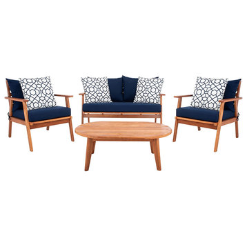 4 Piece Conversational Set, Acacia Wood, Navy Cushioned Seats With Throw Pillows