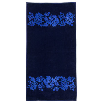 Morjim 100% Combed Cotton Floral Design Oversized Beach Towel, Navy Blue