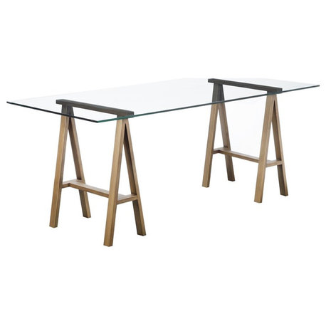 American Home Classic Brady Modern Metal and Glass Desk in Brushed Brass