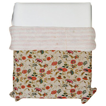 Floral Print Kantha Quilt Blanket, Queen, White