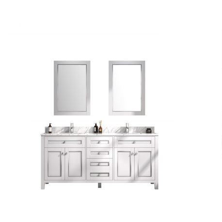 72" White Finish Vanity With Carrara White Top & Polished Metal Trim