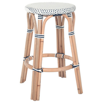 Bistro Backless Rattan Stool, White and Blue, Counter Stool
