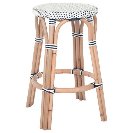 Bistro Backless Rattan Stool, White and Blue, Counter Stool