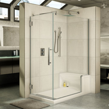 60 x 32 high end acrylic shower base and bench seat with a frameless shower door