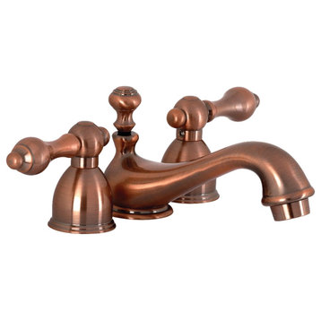 Traditional Low Profile Bathroom Faucet, Dual Widespread Lever Handles, Copper