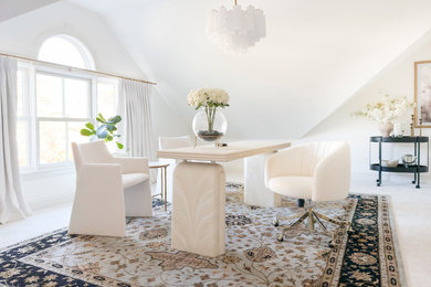 Inspiration for a mid-sized transitional freestanding desk carpeted, white floor and vaulted ceiling home office remodel in Nashville with white walls