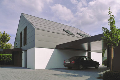 Идея дизайна: одноэтажный, серый частный загородный дом среднего размера в современном стиле с облицовкой из ЦСП и двускатной крышей