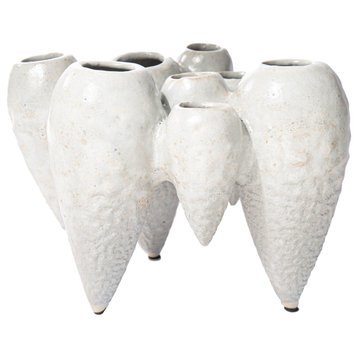 Ceramic Clustered Vase with Banded Spike Bottom Distressed White Finish