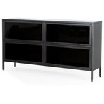 Four Hands - Aviva Barrister Sideboard - Inspired by the stackable barrister-style shelving, iron casing is finished in a gunmetal for a fresh industrial look, with smoked glass panes with brass hardware cover door fronts, each lifting to spacious compartments for storage of media, tableware and more.