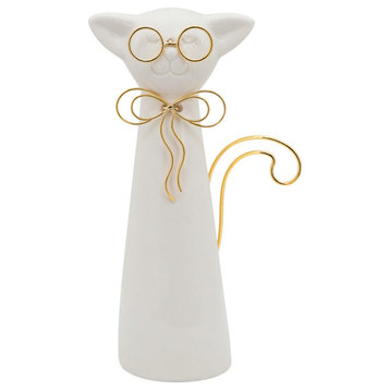 8" Cat With Glasses Deco, White
