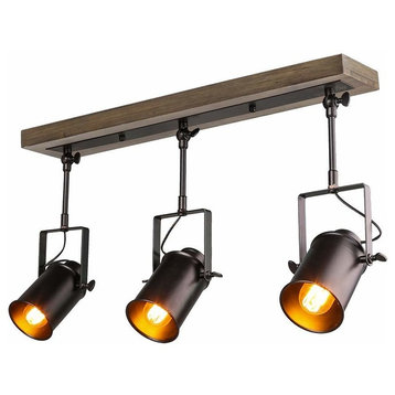 3 Light Industrial Wood Metal Track Ceiling Light