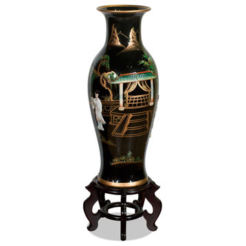 Chinese Porcelain Vase With Mother of Pearl Figures on Black Lacquer, Black
