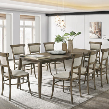 Bistro 88" Vintage Walnut Dining Table with Extension Leaf and Off White Fabric