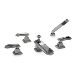 Pyramid Lever Deck Mount Tub Set with Cylindrical Hand Shower - Bathtub Faucets