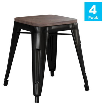 Kai Commercial Grade 18" Barstool with Wooden Seat, Stackable, Set of 4, Black