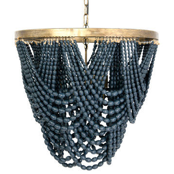Metal Chandelier With Draped Blue Wood Beads