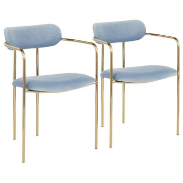 Demi Contemporary Chair in Gold Metal and Light Blue Velvet - Set of 2