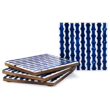 Wavy 4 pieces White and Ocean Blue Coaster set in Box