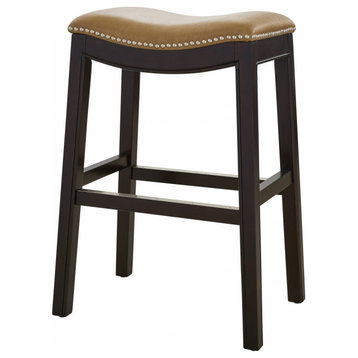 25" Espresso And Carmel Saddle Style Counter Height Bar Stool