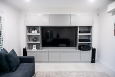 Inspiration for a mid-sized modern open concept living room in Sydney with white walls and a built-in media wall.