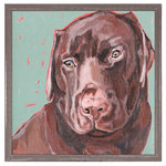 GreenBox Art + Culture - "Chocolate Lab" Mini Framed Canvas by Stephanie Jeanne - A portrait of a chocolate Labrador against a printed green and pink background.