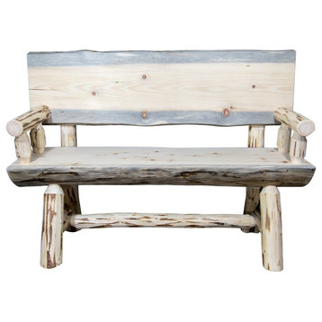 Montana Half Log Bench with Back & Arms, Clear Lacquer Finish, 4 ft.
