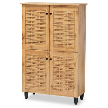 Winda and Contemporary Oak Brown Finished Wood 4-Door Shoe Storage Cabinet