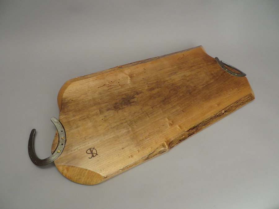 #15049 Rear Detail: Hand-Carved Serving Tray. Reclaimed Maple & Horseshoe Handle